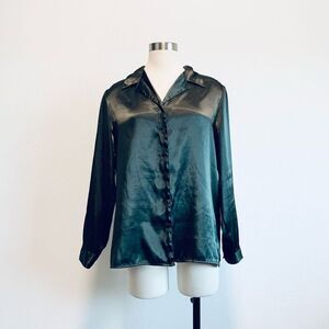 Vintage Kathy Lee Green Satin Blouse Button Down Small